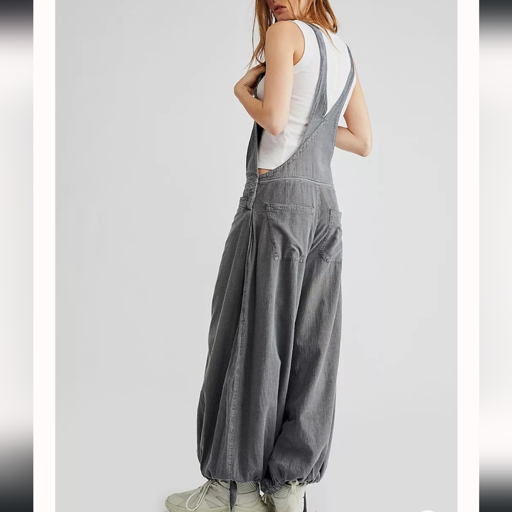Free People Washed Gray Wide-Leg Denim Overalls. - Picture 2 of 10